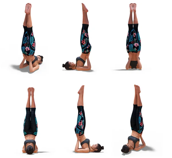 Virtual Woman Yoga Shoulderstand Pose Angles View White Background — Stockfoto