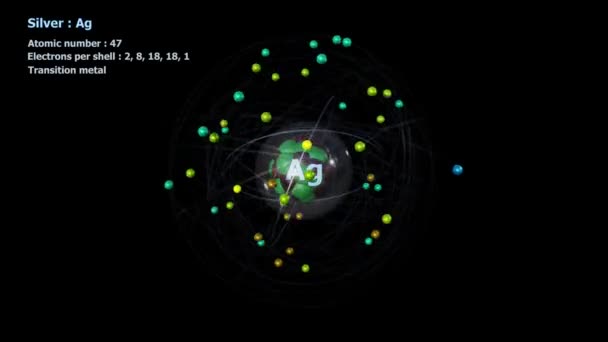Атом Серебра Электронами Бесконечной Орбитальной Вращения Черным Фоном — стоковое видео