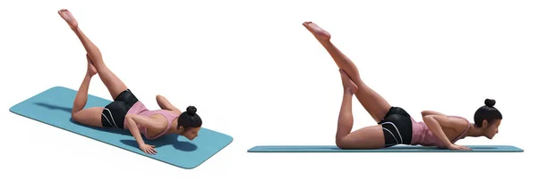 Front Right Profile Poses Virtual Woman Yoga Flying Locust Pose — Stok Foto