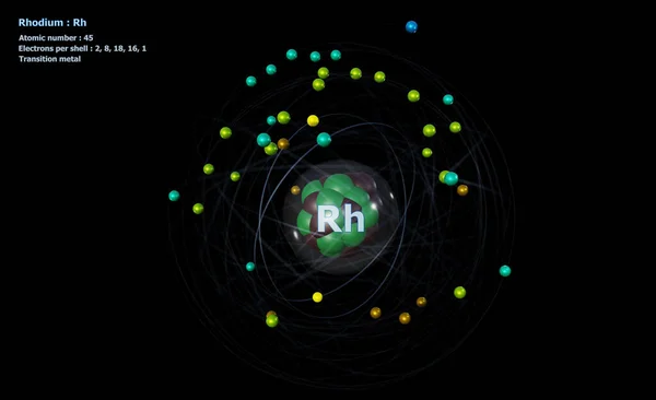 Atom Rhodium Core Electrons Black Background — Foto de Stock