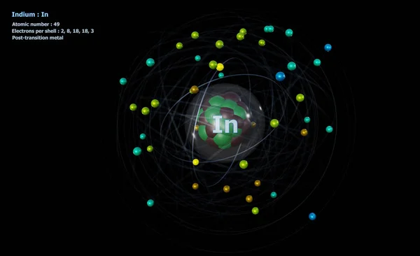 Atom Indium Med Kärna Och Elektroner Med Svart Bakgrund — Stockfoto