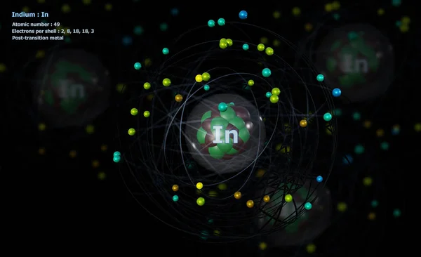 Atom Indium Med Detaljerad Kärna Och Dess Elektroner Med Atomer — Stockfoto