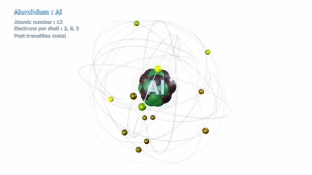 白色の背景を持つ無限の軌道回転で13電子を有するアルミニウムの原子 — ストック動画