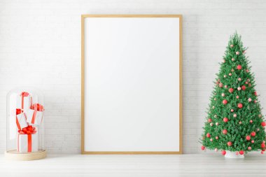 Yılbaşı süslemeli bir poster çerçevesi. 3B oluşturuldu.