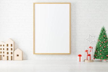 Yılbaşı süslemeli bir poster çerçevesi. 3B oluşturuldu.