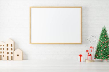 Yılbaşı süslemeli bir poster çerçevesi. 3B oluşturuldu.