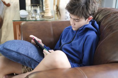 Genç çocuk oyun oynuyor. Oturma odasındaki kanepede tek başına..