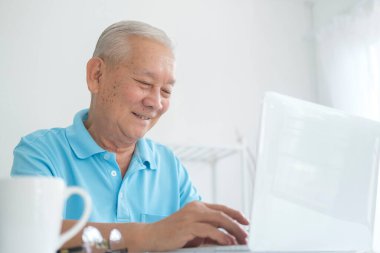 Evde dizüstü bilgisayar kullanan kıdemli adam.