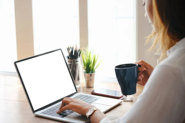 Closeup Hand Young Woman Working Laptop Computer Internet Online Desk — Stock Photo, Image