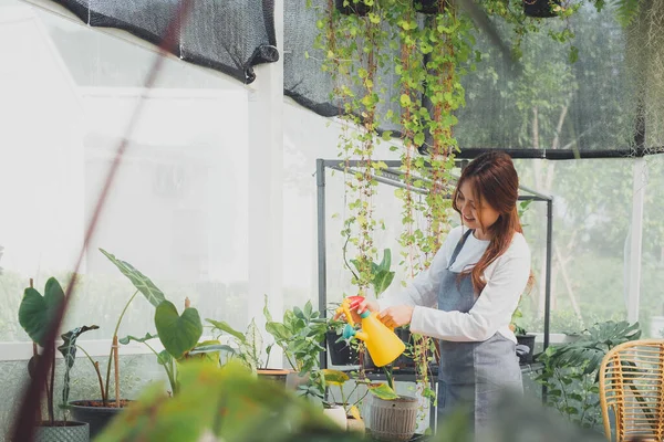 Young Nursery Worker Greenhouse Home Gardening Love Plants Care Small — Stock Photo, Image