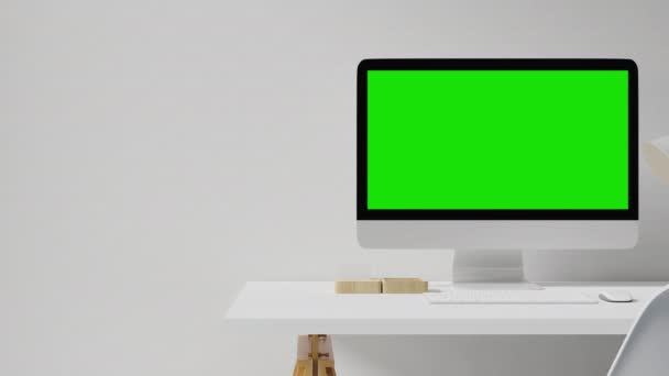 Computer-Notebook-Attrappe mit Greenscreen auf Arbeitstisch. — Stockvideo