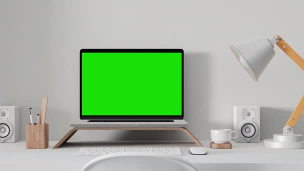 Computer-Notebook-Attrappe mit Greenscreen auf Arbeitstisch. — Stockvideo