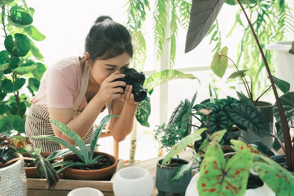 Sorrindo jovem mulher tirando foto smartphone da planta em uma pequena loja — Fotografia de Stock