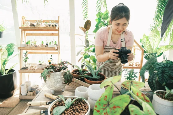 Sorrindo jovem mulher tirando foto smartphone da planta em uma pequena loja — Fotografia de Stock