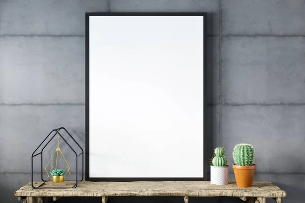 Blank Empty Picture Frame Mockup Gray Cement Wall Poster Modern — Stock Photo, Image