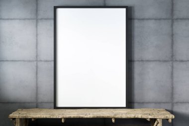 Boş resim çerçevesi bir poster için gri beton duvarda. Modern oturma odası tasarımı. 3B illüstrasyonlar.