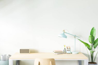 İş yerindeki ofis ofis masası malzemeleri. 3B Hazırlama.