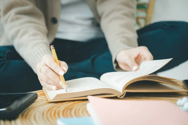 Young Female Student Reading Book Sitting Chair Education Online Learning — Stock Photo, Image