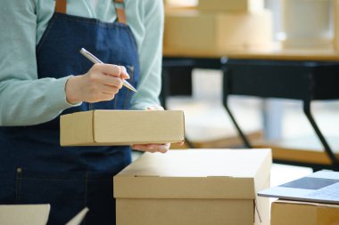 Çevrimiçi küçük işletme sahibi, müşteri, nakliyat ve lojistik, tüccar ve satıcı, işletme sahibi veya KME 'ye çevrimiçi alışveriş için paket kutusuna adres yazıyor.