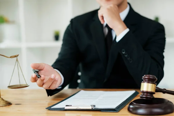 Lawyer Sitting Working Desk Hand Holding Pen Signing Important Documents — 스톡 사진
