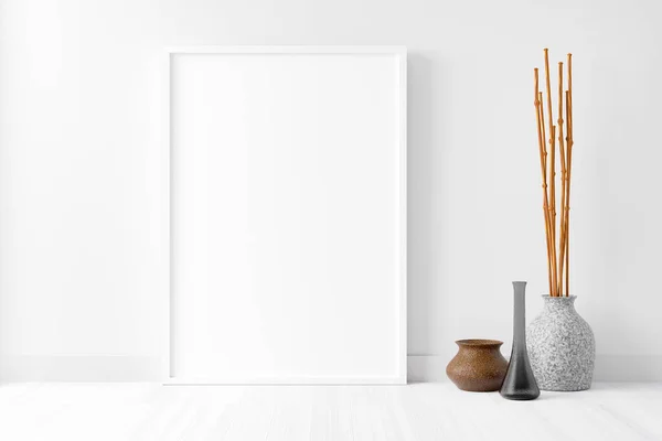 Blank Empty Picture Frame Mockup White Cement Wall Modern Living — Stock Photo, Image