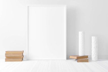 Blank empty picture frame mockup on white cement wall..Modern living room design. 3D rendering
