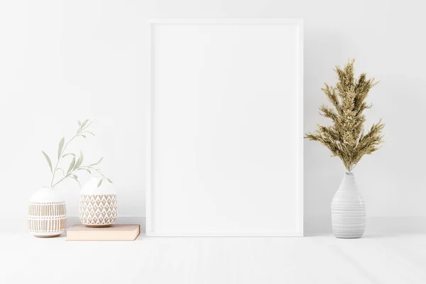 Blank Empty Picture Frame Mockup White Cement Wall Modern Living — Stock Photo, Image