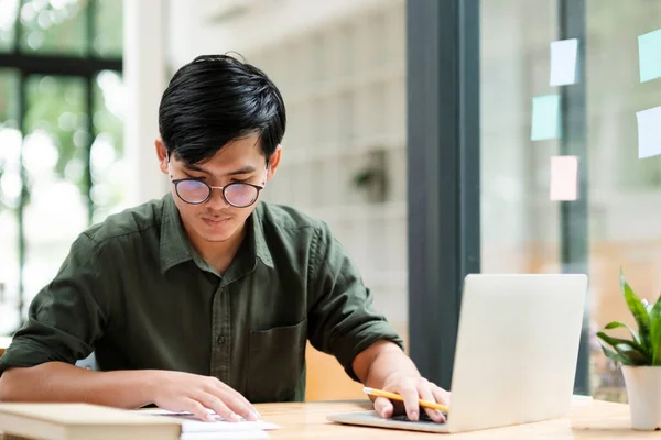 Smiling Asian Business Man Online Working Laptop Home Office Young — Fotografia de Stock