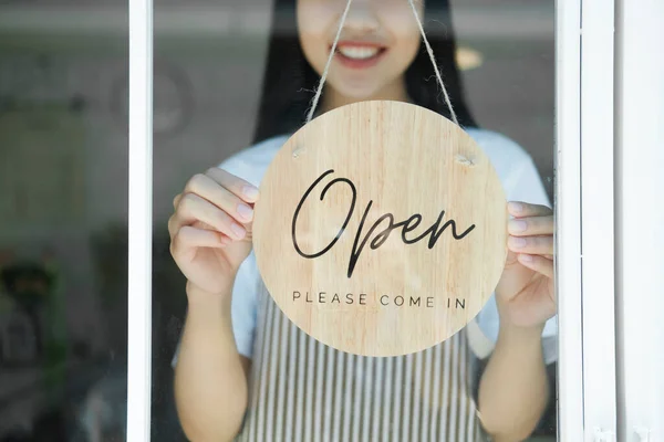 Open Business Owner Woman Wearing Protection Turning Open Sign Board — Foto de Stock