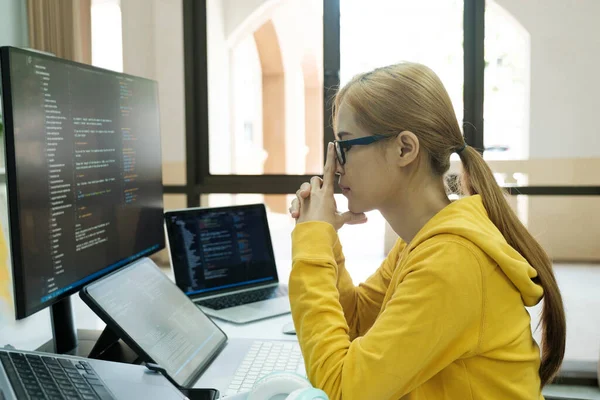 Young Woman Covering Her Face Stress Work Coding Programming Software — Foto de Stock