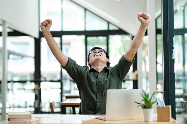 Young Asian Man Excited Good News Celebrate Success Happy Pose — Stockfoto