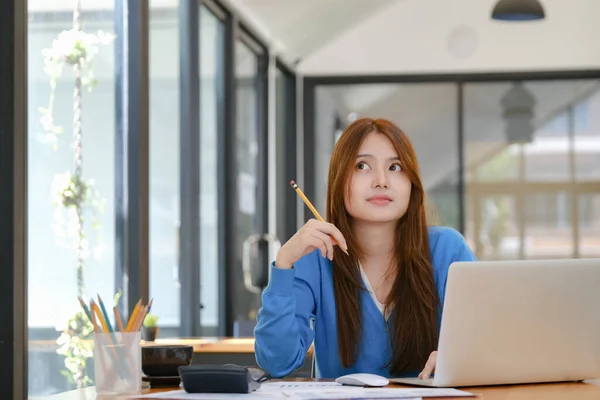 Smiling Asian Business Woman Online Working Laptop Home Office Young — Stockfoto