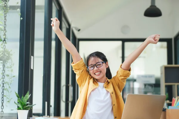 Young Asian Woman Excited Good News Celebrate Success Happy Pose — 图库照片