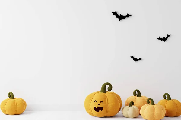 Halloween Achtergrond Copyspace Met Pompoenen Vleermuizen Witte Achtergrond Lachende Pompoen — Stockfoto