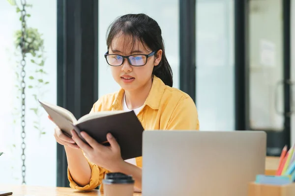 Happy Young Asian Woman Boring Read Lot Books Student Studying — Stock Photo, Image