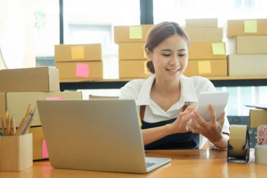 Bilgisayarı ve hesap makinesini kullanan Asyalı bayan girişimci, online işinin, pazarlamasının ya da evdeki girişimlerinin finansal giderlerini hesaplıyor. Çevrimiçi iş kavramı.