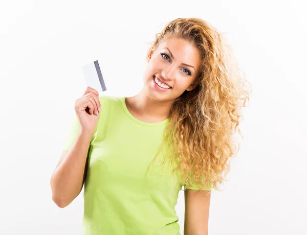 Menina bonito com cartão de crédito — Fotografia de Stock