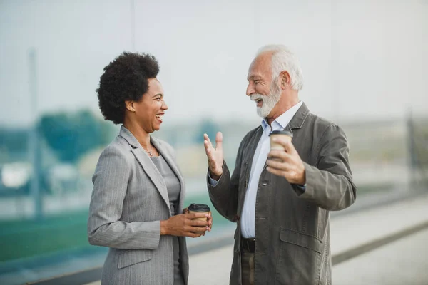 Shot Two Successful Multi Ethnic Business People Talking While Having — Stock Photo, Image