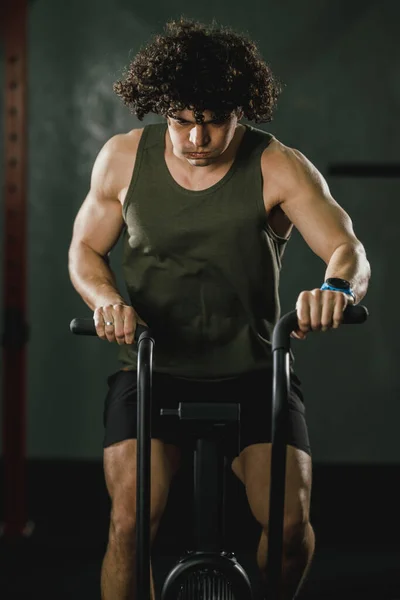 Handsome Muscular Man Doing Hard Cal Bike Crossfit Training Gym — Stock Photo, Image