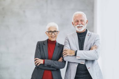 Başarılı bir kıdemli iş adamı ve olgun bayan meslektaşı modern ofiste kollarını kavuşturup kameraya bakıyorlar..