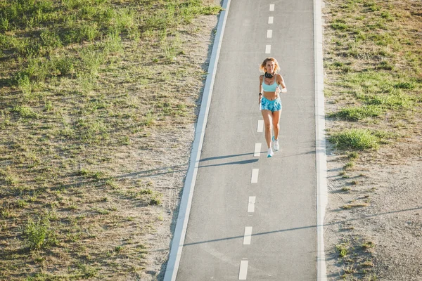 Top View Adult Woman Running Riverside City Promenade — Stock Photo, Image