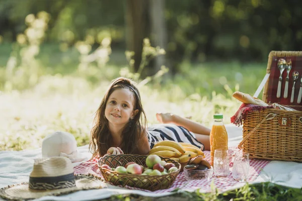 Cute Smiling Little Girl Lying Blanket Grass Enjoying Picnic Day — Stock Photo, Image