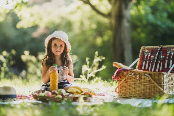 Cute Smiling Little Girl Spending Spring Day Nature Drinking Orange — Stock Photo, Image