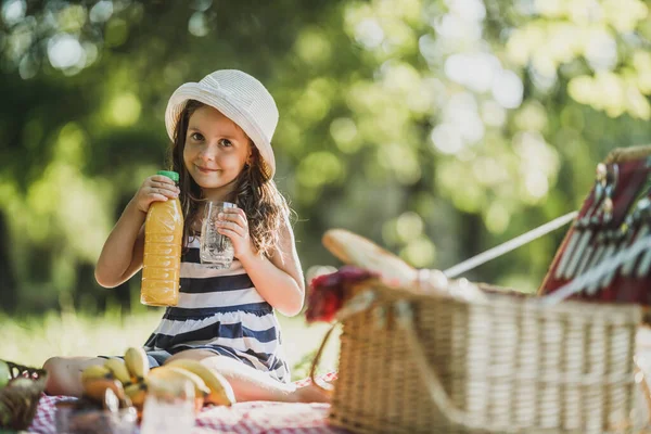 Cute Smiling Little Girl Drinking Orange Juice While Enjoying Picnic — Stock Photo, Image