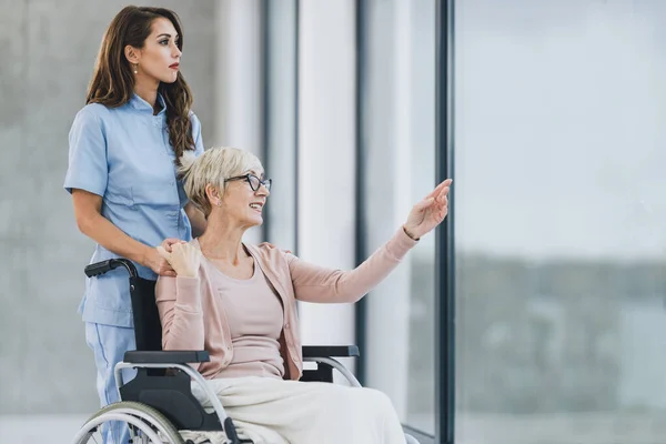 年轻的女护士和坐在轮椅上的老年妇女从疗养院的窗户往外看 — 图库照片