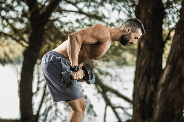 Joven Musculoso Con Torso Desnudo Haciendo Ejercicios Con Pesas Naturaleza — Foto de Stock