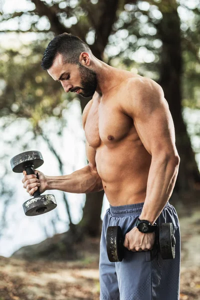 Jovem Musculoso Com Tronco Fazendo Exercícios Bíceps Com Halteres Natureza — Fotografia de Stock