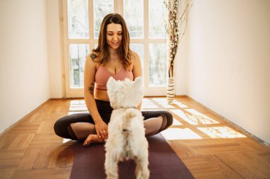 Güzel genç kadın ve sevimli köpeği evde egzersiz yapıyorlar..