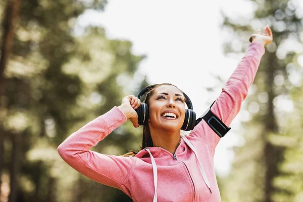 Young Beautiful Smiling Female Runner Listening Music Preparing Jogging Outdoor — 스톡 사진