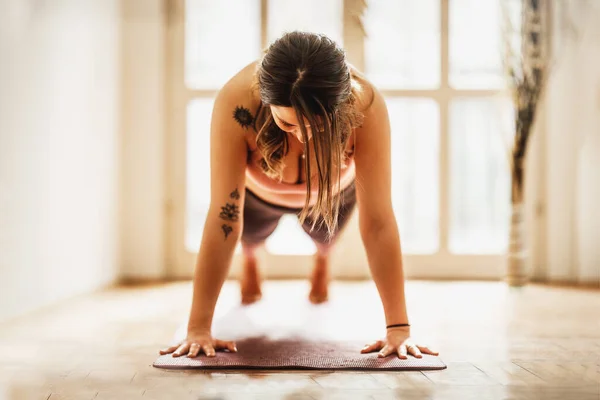 Relaxed Young Woman Doing Workout Floor Mat Morning Sunshine Home — Stock Photo, Image